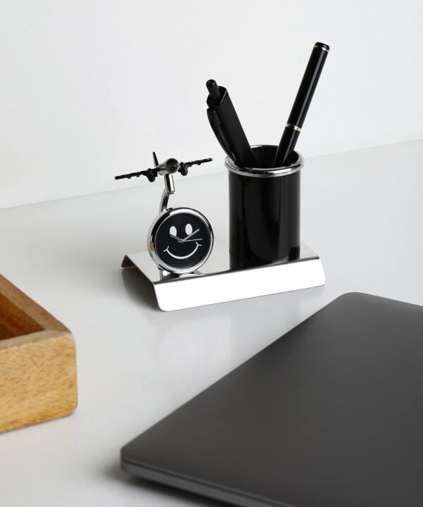 Aeroplane Miniature Metal Pen Stand with Clock, Stylish Desk Organizer, Pencil Holder, Elegant Corporate Gift Set, Durable Decorative Showpiece for Office, Doctors, Lawyers (Black)