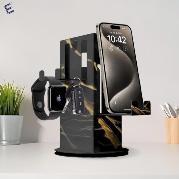 Multipurpose Metal Rotating Pen Stand | Stylish Corporate Gift/Desk Organizer for Study/Office | 5 Compartment Stationery Office Supplies | Mobile/Wallet/Keys/Watch Holder,Black Marble