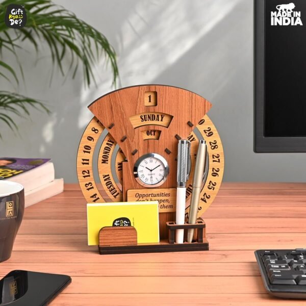 GKD Lifetime Wooden Desk Calendar 2026 with Clock & Desk Organizer | Reusable Infinite Calendar | Premium Antique Dark Wood Finish | Office & Home Desk Decor | Corporate Gift
